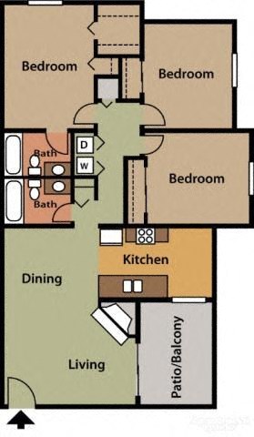 Floor plan for 3 beds, 2 baths, 1178 sqft